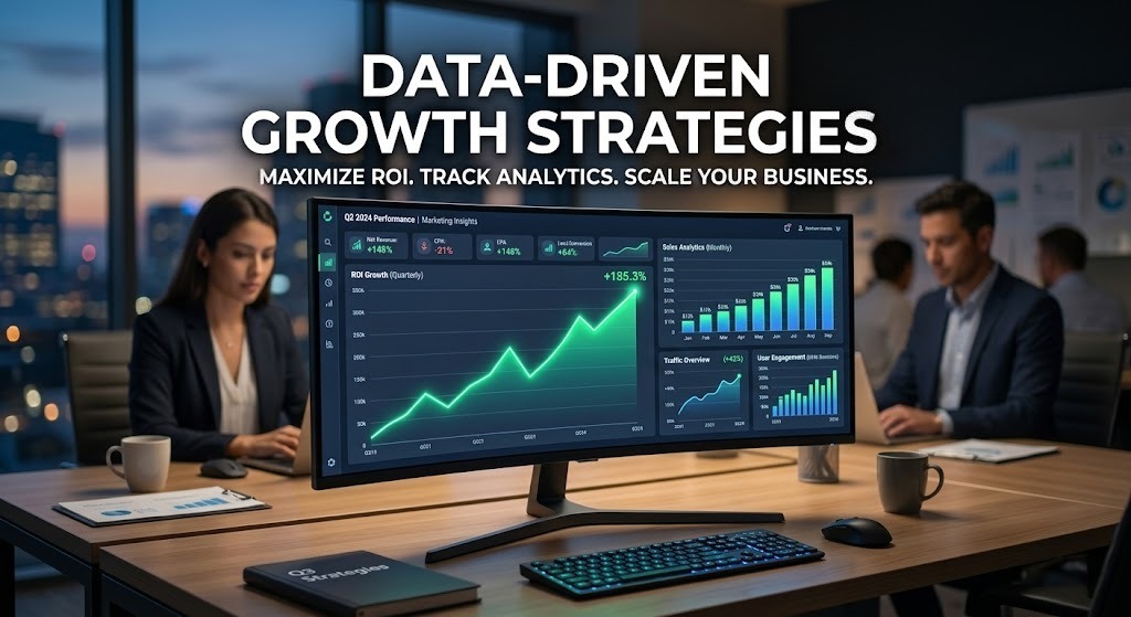 Digital marketing dashboard showing upward trending ROI graphs and data-driven growth strategies.