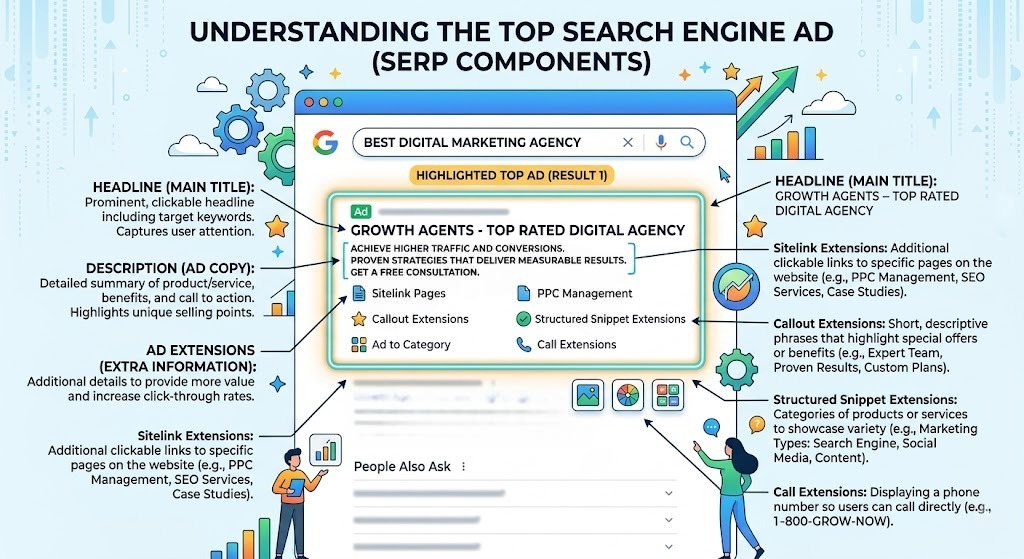 Infographic explaining Google Ads SERP components including headline, description, and ad extensions for better click-through rates.