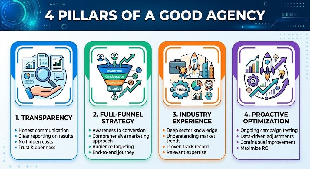 Graphic showing the four pillars of a good digital marketing agency: transparency, full-funnel strategy, industry experience, and proactive optimization.