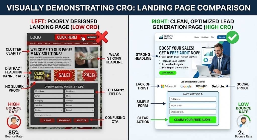 Split screen comparison of a poorly designed landing page versus a clean, SEO-optimized lead generation portal.