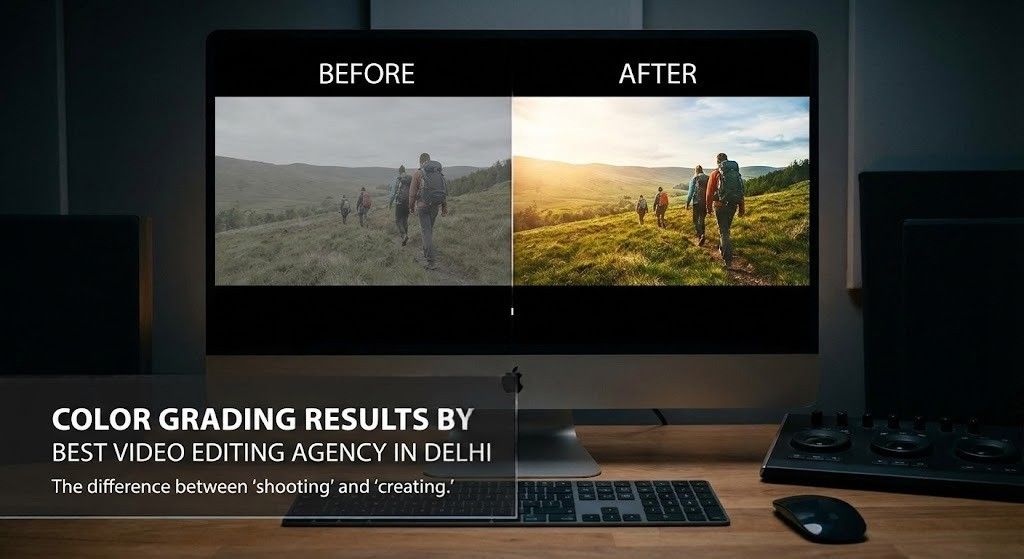 "Split-screen comparison showing dull raw footage versus vibrant cinematic color grading. Demonstrates the advanced visual transformation provided by the Best Video Editing Agency in Delhi. A key part of our professional Video Editing Services in Delhi to make content look premium."