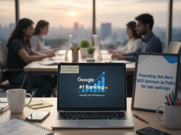 "Office desk with a laptop displaying Organic Traffic Growth charts and Google #1 rankings. Shows the dedicated team behind the Best SEO Services in Delhi, working as a leading SEO Company in NCR to rank client websites."