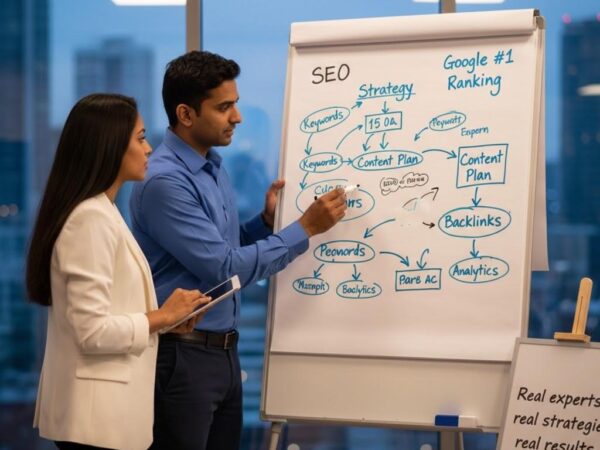 "Expert team members brainstorming a custom SEO strategy on a whiteboard. Shows the detailed planning process of the Best SEO Services in Delhi and how a professional SEO Company in NCR creates roadmaps for Organic Traffic Growth."