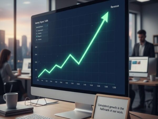 "Computer monitor displaying a sharp green revenue growth graph, symbolizing the massive Organic Traffic Growth achieved by the Best SEO Services in Delhi. Shows how a top SEO Company in NCR turns website traffic into actual profit for clients."