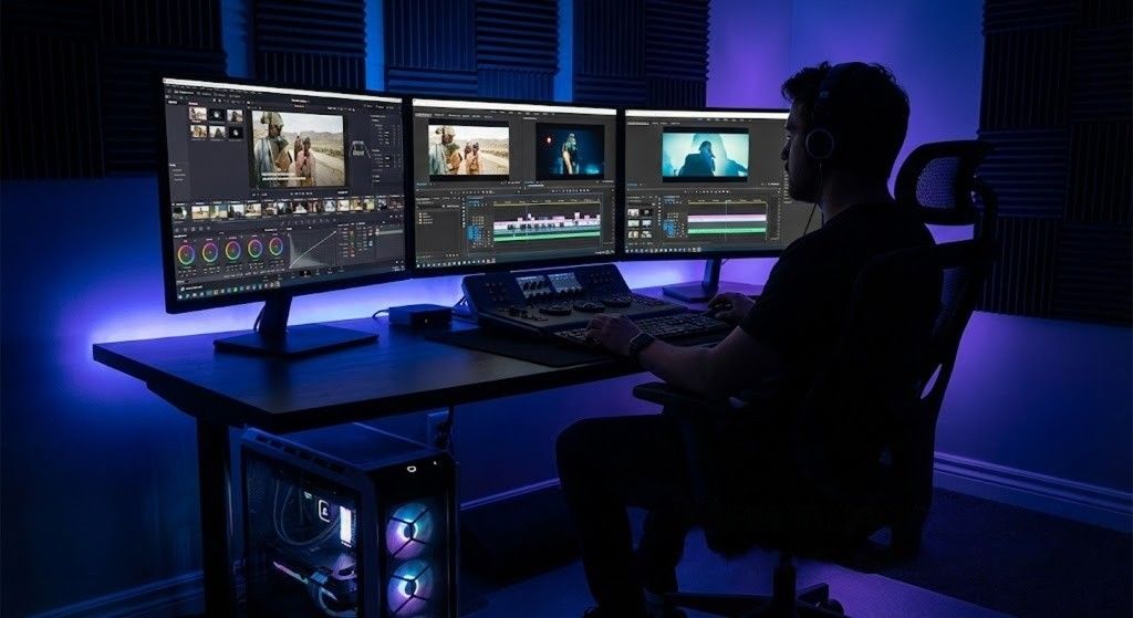 Modern studio setup of Cinemagic Creationn providing the best Professional Video Editing Services in Delhi.