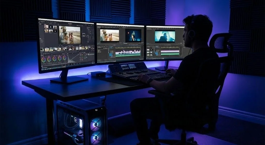 Modern studio setup of Cinemagic Creationn providing the best Professional Video Editing Services in Delhi.